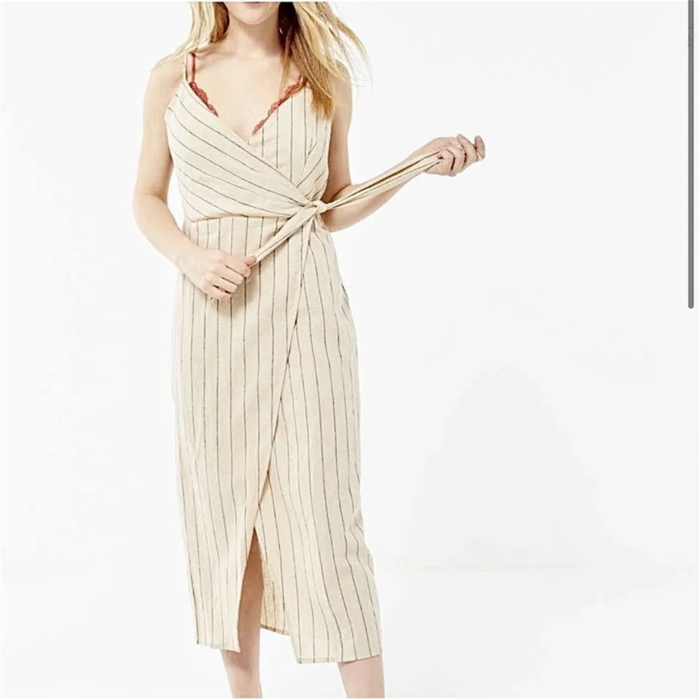 Urban Outfitters Quebec BeigeLinen Striped Side-Tie Midi Wrap Tank Dress Size SP